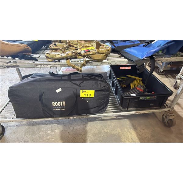 ROOTS OUTDOOR OPEONGO BAG WITH TARP & TOTE OF ASSORTED TENT PEGS