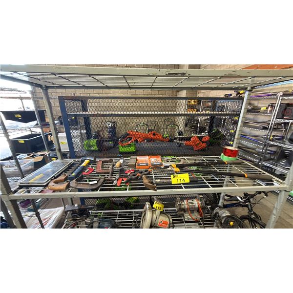 SHELF OF ASSORTED CLAMPS, HAMMER, MALLET, DRILL BIT, FISKARS PRUNER, KEYHOLE SAW & MORE