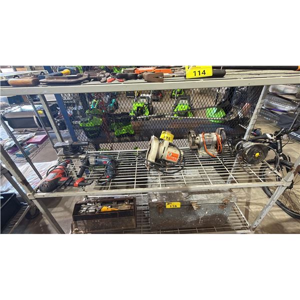SHELF OF ASSORTED POWER TOOLS: UTILITY SAW, DRILLS, BELT SANDER, BENCH GRINDER & ROUTER