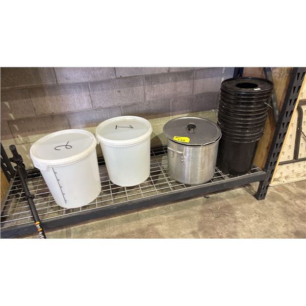 SHELF OF ASSORTED LARGE BUCKETS & (2) LARGE STOCK POTS