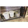 Image 1 : SHELF OF ASSORTED LARGE BUCKETS & (2) LARGE STOCK POTS
