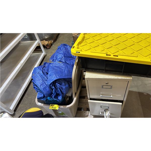 PALLET OF TARPS, TOTE & METAL 2-DRAWER FILING CABINET *MUST TAKE ALL ON PALLET*