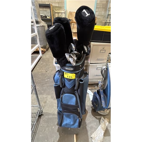 BENNINGTON GOLF BAG WITH ASSORTED CLUBS: SOME CLUBS HAVE COVERS