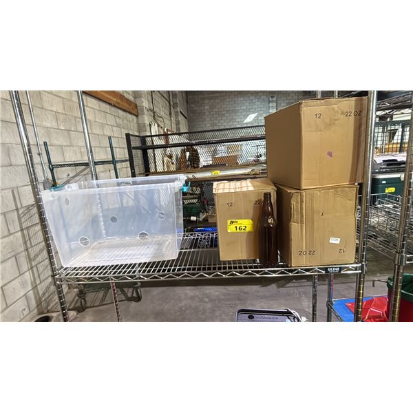 TOTE W/NO LID & (3) BOXES OF 22 OZ GLASS BOTTLES
