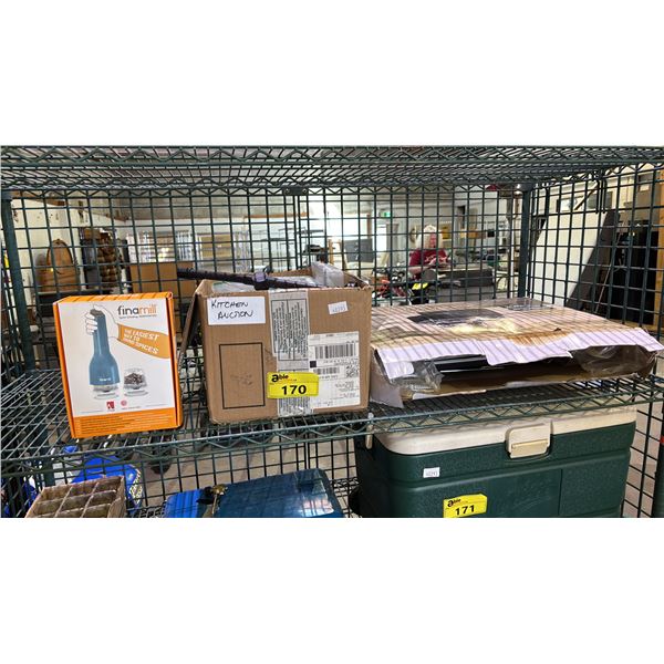 WOOD MULTI-FUEL 2 BURNER CAMP STOVE, SPICE GRINDING MILL & BOX OF PLASTIC CONTAINERS & MORE