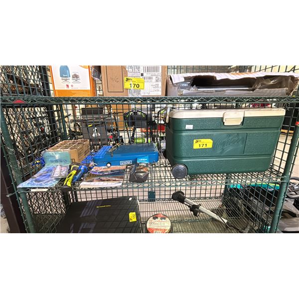 CARIBOO ROLLING COOLER, RIVER TRAIL CAMP STOVE, MINI WATER FILTER, BOX OF 6 OZ. COKE GLASSES & MORE