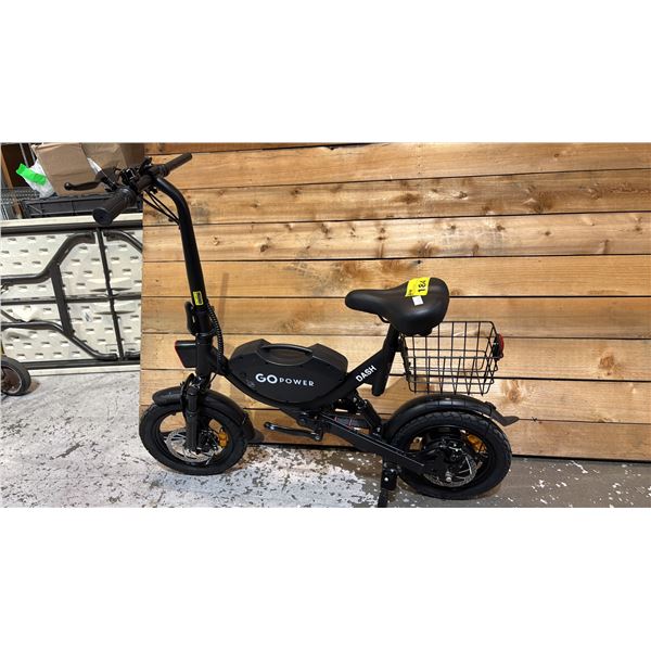 GO POWER DASH ELECTRIC BIKE W/REAR BASKET *NO CHARGER/WORKING CONDITION UNKNOWN/MAY BE MISSING PARTS