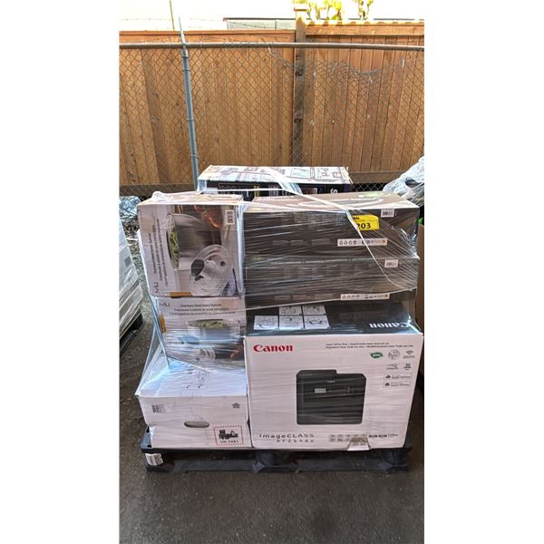 PALLET OF ASSORTED ITEMS INCLUDING CANON MULTIFUNCTIONAL LASER PRINTER, DWALT VACUUM CLEANER,