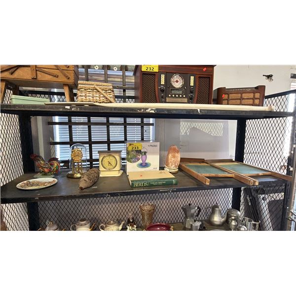 SHELF OF VINTAGE WASH BOARDS, SOLAR HUMMINGBIRD FEEDER, SALT LAMP, CLOCKS & MORE