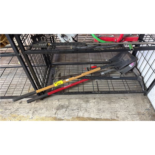 SHELF OF SHOVELS, ADZE & CLAMP