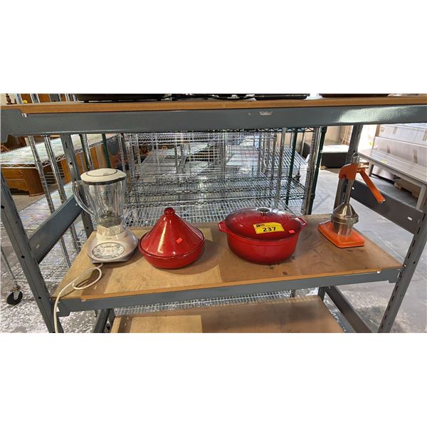 MANUAL COUNTER-TOP ORANGE JUICER, ENAMELED CAST IRON DUTCH OVEN, TAJIN & OSTER BLENDER