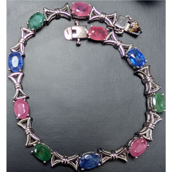 SILVER(13.3G), RUBY SAPPHIRE EMERALD (10CT) BRACELET 7.5", SUGGESTED RETAIL VALUE $700