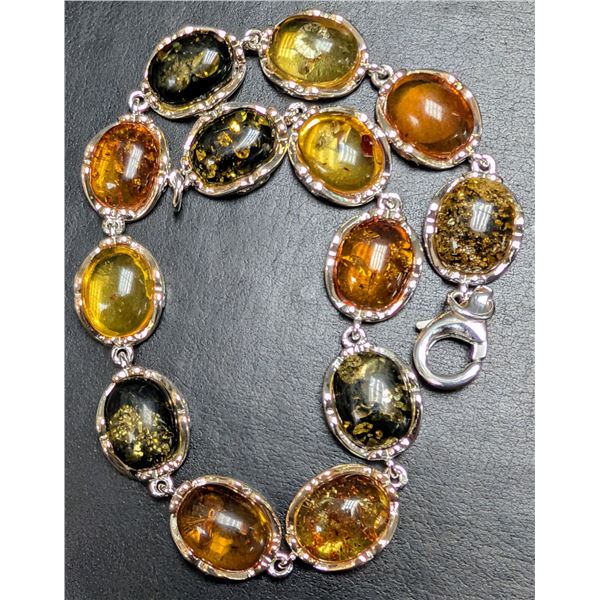 SILVER(9.8G), AMBER (APP 15CT) BRACELET 7", SUGGESTED RETAIL VALUE $600