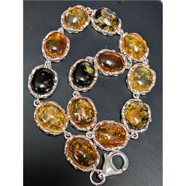 SILVER(9.5G), GENUINE AMBER BRACELET 7", SUGGESTED RETAIL VALUE $300