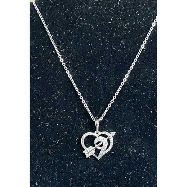 *NEW* PLATINUM PLATED 20MM SIMULATED DIAMOND (CZ) ARROW THROUGH MY HEART NECKLACE: 16"-18" LONG