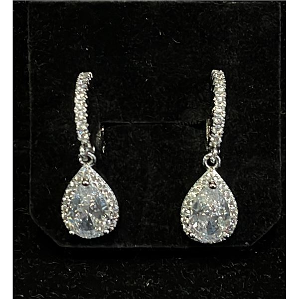 *NEW* .925 SILVER PEAR CUT SIMULATED DIAMOND (CZ) HALO DANGLE EARRINGS: 2CT EACH EARRING
