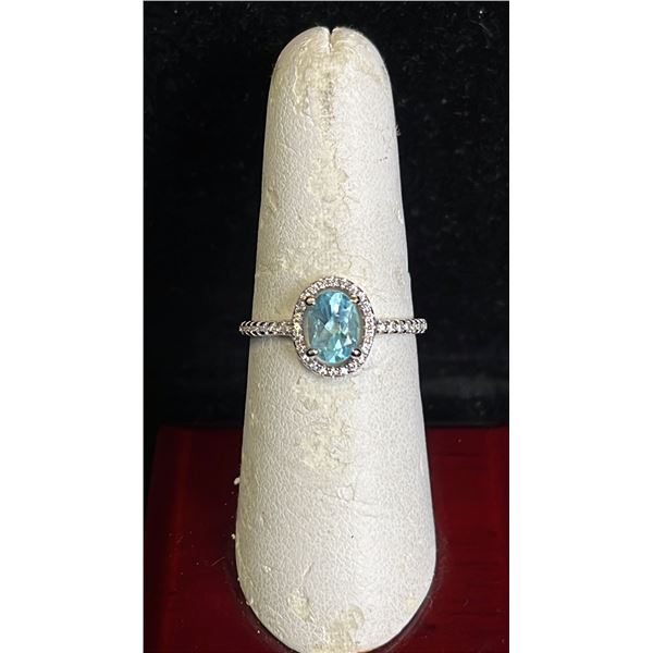 *NEW* STERLING SILVER 1CT OVAL CUT NATURAL SWISS BLUE TOPAZ HALO RING: RESIZEABLE