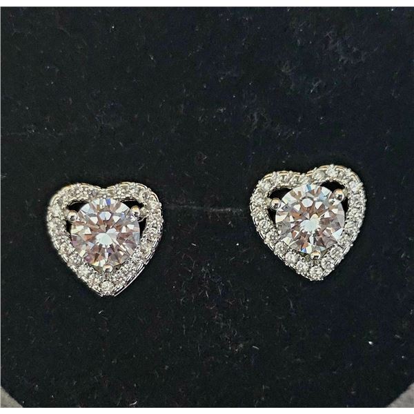 *NEW* .925 SILVER SIMULATED DIAMOND (CZ) HEART HALO STUD EARRINGS: 1 CT EACH