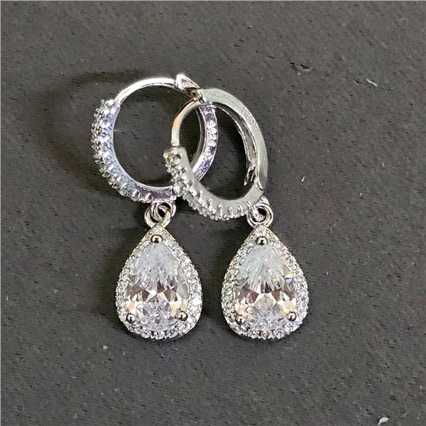 *NEW* .925 SILVER PEAR CUT SIMULATED DIAMOND (CZ) HALO DANGLE EARRINGS: 2CT EACH EARRING