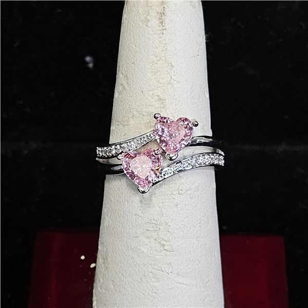 *NEW* PLATINUM PLATED 1 CT HEART CUT PINK SIMULATED DIAMOND (CZ) DOUBLE HEART RING: SIZE 7