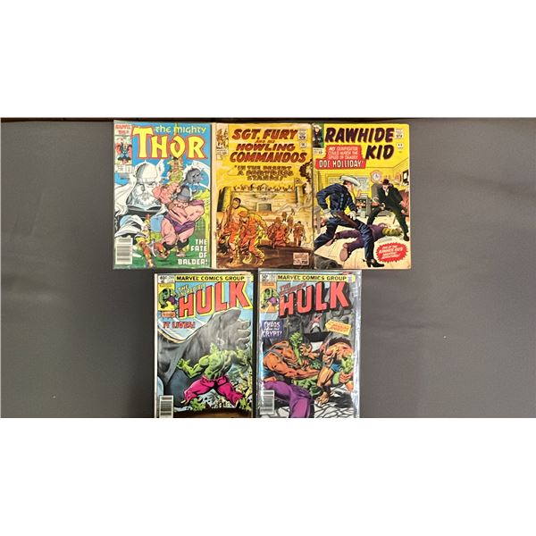 (5) ASSORTED VINTAGE MARVEL COMICS: THE INCREDIBLE HULK, THOR, RAWHIDE KID & SGT FURY