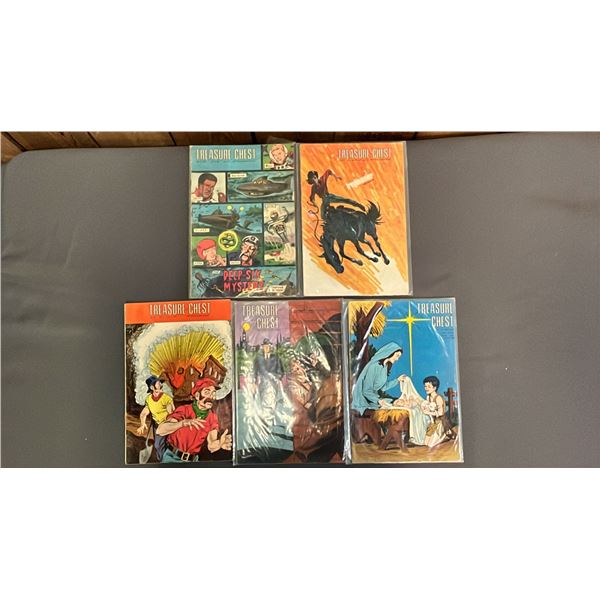 (5) ASSORTED VINTAGE "TREASURE CHEST" COMIC BOOKS