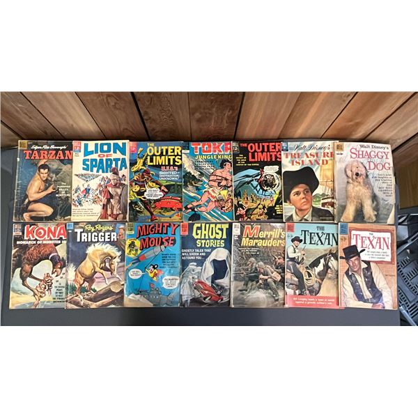 (13) ASSORTED VINTAGE DELL COMICS: TARZAN, OUTER LIMITS, TOKA, TREASURE ISLAND, MIGHTY MOUSE & MORE