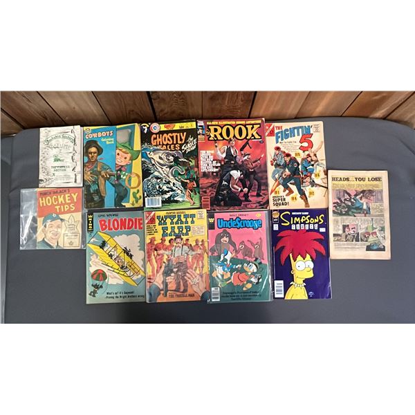 (11) ASSORTED VINTAGE COMICS & BOOKS: BUCKSKINS COOKERY, PUNCH IMLACH'S HOCKEY TIPS, GHOSTLY TALES