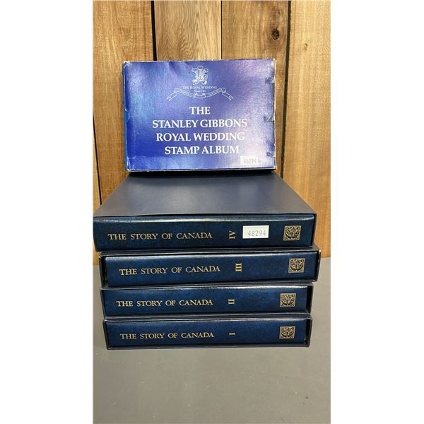 "THE STORY OF CANADA" VOL I-IV STAMP ALBUMS & THE STANLEY GIBBONS 1981 ROYAL WEDDING STAMP ALBUM