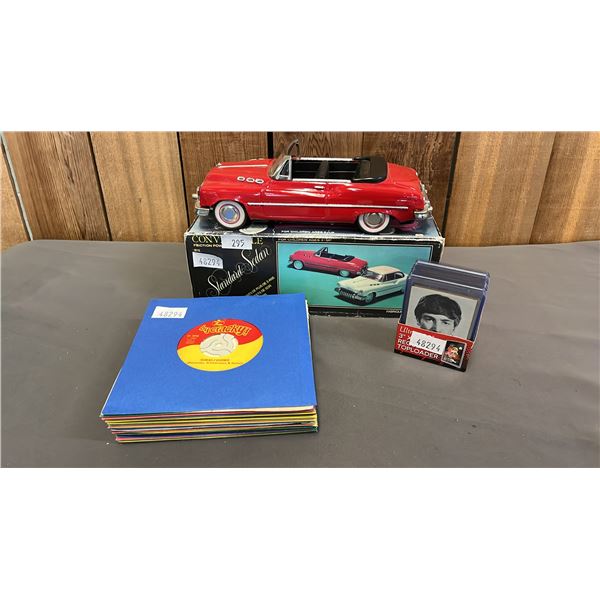 STACK OF VINTAGE 45 RPM RECORDS, BEATLES COLLECTOR CARDS & VINTAGE FRICTION CONVERTIBLE SEDAN