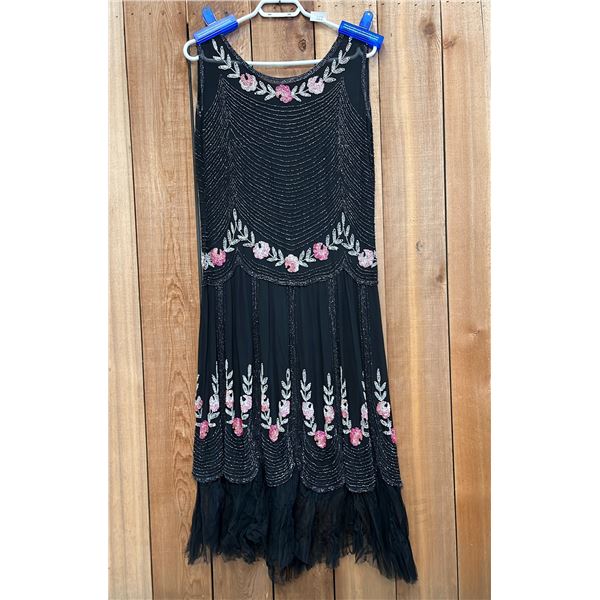 VINTAGE SIZE 18 BEADED CHIFFON DRESS WITH TULLE SKIRT TRIM