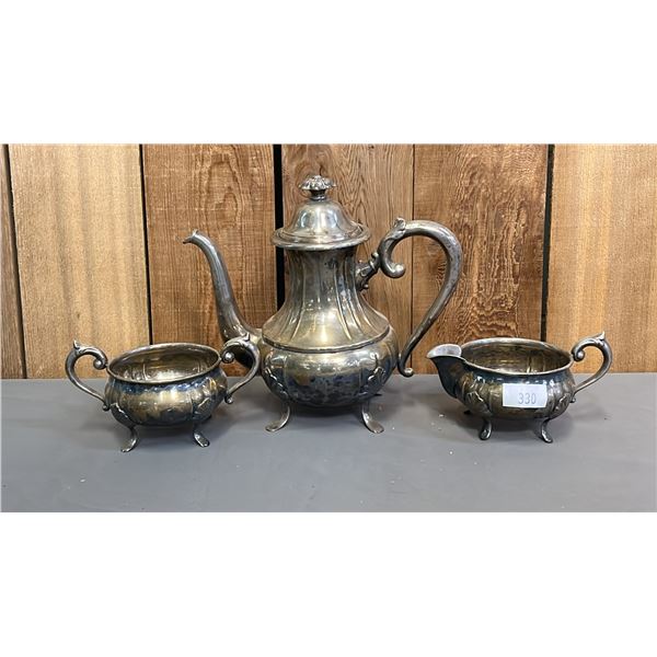 VINTAGE SILVER PLATE TEAPOT WITH CREAMER & SUGAR BOWL