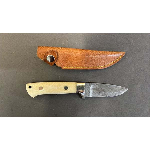3.5" DAMASCUS STEEL KNIFE WITH LEATHER SHEATH