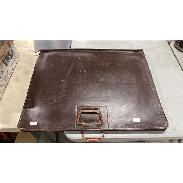 LARGE LEATHER PORTFOLIO & CONTENTS: MOSTLY TRAIN THEMED CALENDARS & PRINTS