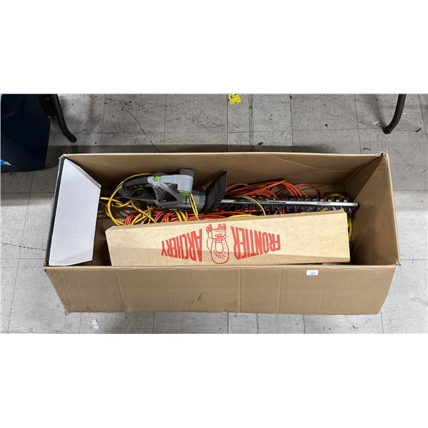 BOX OF ASSORTED EXTENSION CORDS, EARTH WISE HEDGE TRIMMER & BOX OF ARROWS
