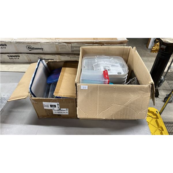 (2) BOXES OF ASSORTED PLASTIC CONTAINERS, HAMILTON BEACH DEHYDRATOR, HANGING METAL BASKET & MORE