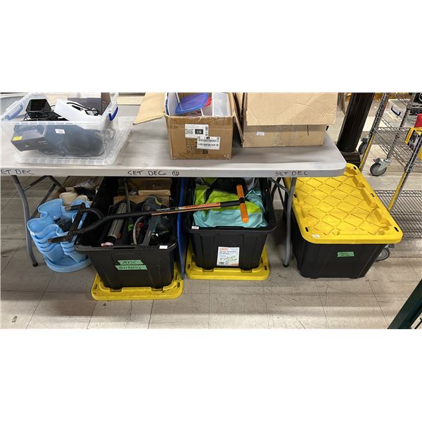 EMPTY TOTE, STACKING PLANT POTS & 2 TOTES W/CONTENTS: SPRINKLERS, INFLATABLE POOL, YARD CARE & MORE