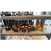 Image 1 : SHELF OF ASSORTED CARVED WOOD FIGURES, 2 ANIMAL SHAPED CANDLES & A PEARLITE OWL