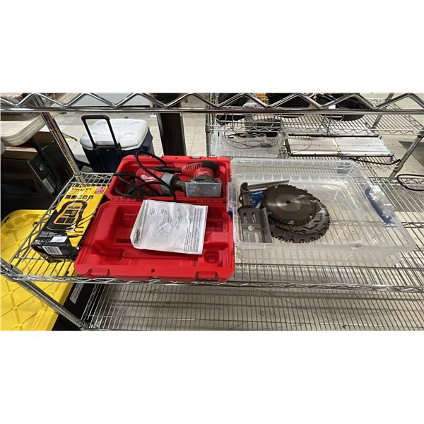 MILWAUKEE SHEET SANDER IN CASE, STANLEY 500W POWER INVERTER & TOTE OF ASSORTED CIRCULAR BLADES