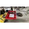 Image 1 : MILWAUKEE SHEET SANDER IN CASE, STANLEY 500W POWER INVERTER & TOTE OF ASSORTED CIRCULAR BLADES