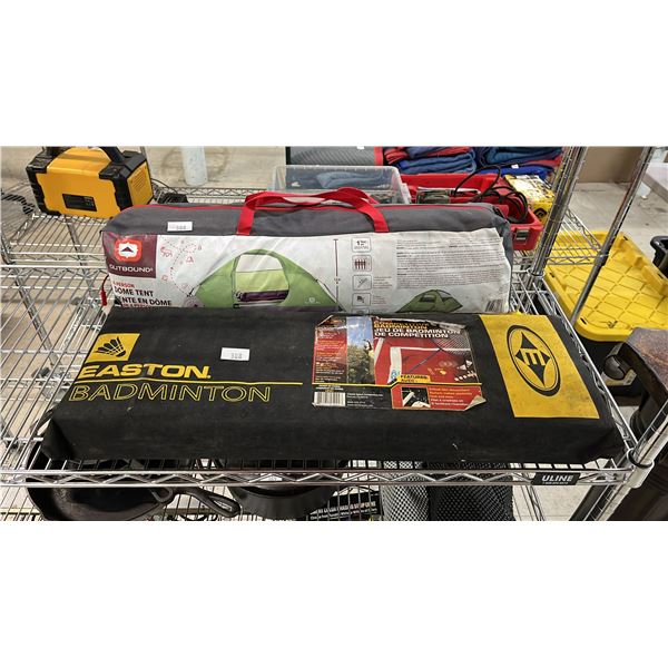 EASTON COMPETITIVE BADMINTON SET W/NET, RACKETS & SHUTTLECOCKS, & OUTBOUND 4 PERSON DOME TENT