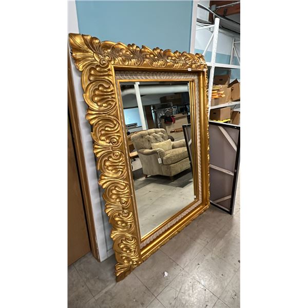 LARGE GILT WOOD FRAMED WALL MIRROR: APPROX. 64" X 48"