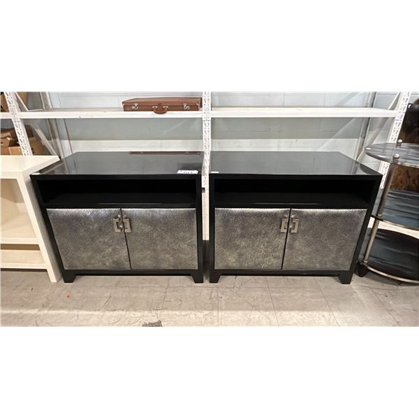 (2) LARGE BLACK BEDSIDE TABLES WITH FABRIC COVERED PADDED DOORS: 34" X 20" X 27.5"