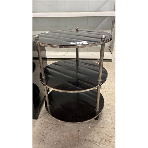 3-TIER ROUND WOOD & METAL ETAGERE SIDE TABLE WITH CASTERS: APPROX. 29.5"T X 24" DIA.