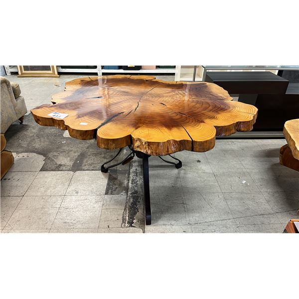 BURL WOOD TABLE ON AN ADJUSTABLE HEIGHT METAL BASE: ***TOP IS NOT SECURED TO THE BASE***
