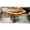 Image 1 : BURL WOOD TABLE ON AN ADJUSTABLE HEIGHT METAL BASE: ***TOP IS NOT SECURED TO THE BASE***