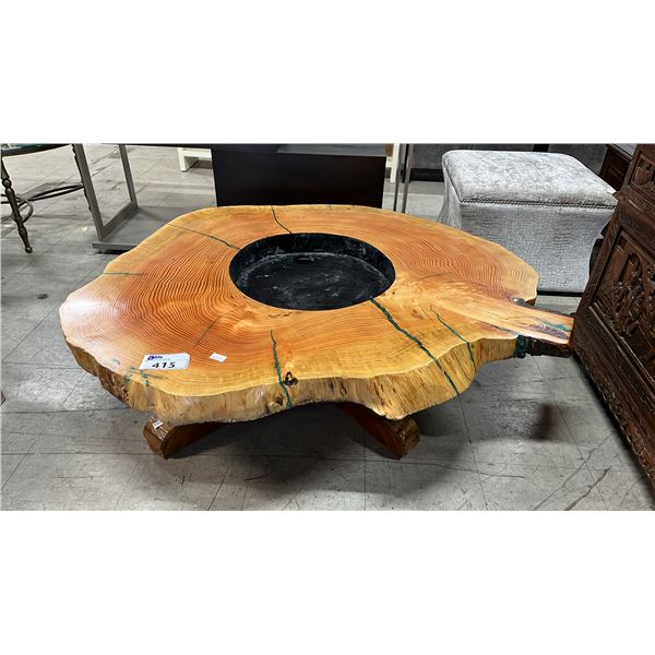 BURL WOOD COFFEE TABLE WITH RECESSED CENTER FOR A PROPANE FIRE PIT