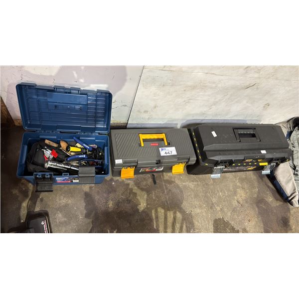 3 ASSORTED TOOLBOXES WITH TOOL CONTENTS INCLUDING; PALM SANDER, BENCH VISE, WRENCHES & MORE