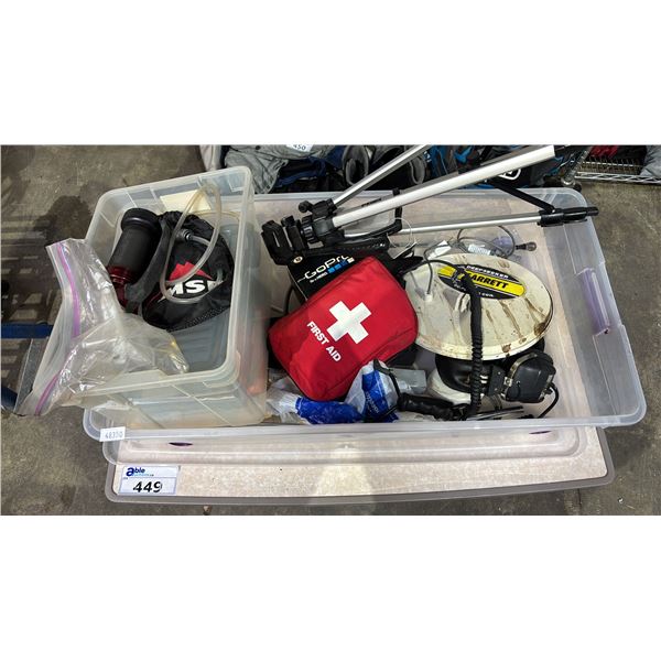 FOLDING TABLE & TOTE WITH ASSORTED CONTENTS INCLUDING; FIRST AID KIT, TRIPOD, METAL DETECTOR PARTS