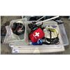 Image 1 : FOLDING TABLE & TOTE WITH ASSORTED CONTENTS INCLUDING; FIRST AID KIT, TRIPOD, METAL DETECTOR PARTS